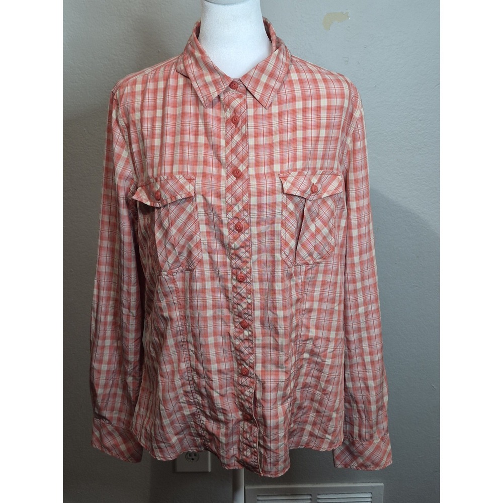 Duluth Trading Co Plaid Roll Tab Button Up Shirt Red White Utility Hiking Sz L